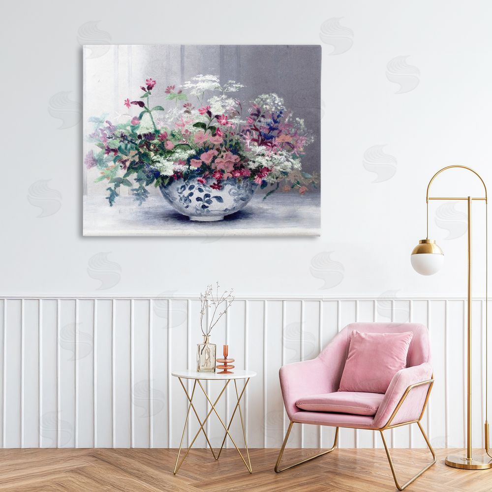 Lettered and Lined Painterly Elegant Blooms Vase Stretched Canvas Wall Art Print in Room