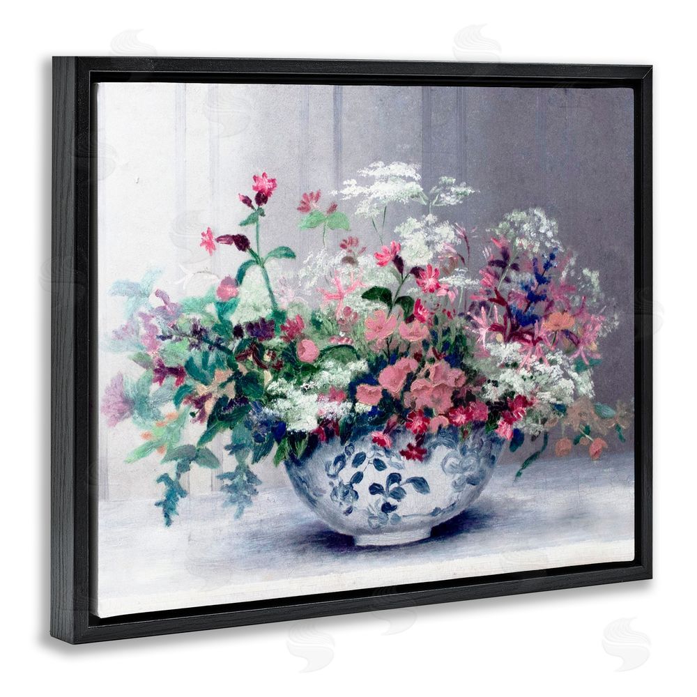 Lettered and Lined Painterly Elegant Blooms Vase Black Floating Frame Canvas Wall Art Print