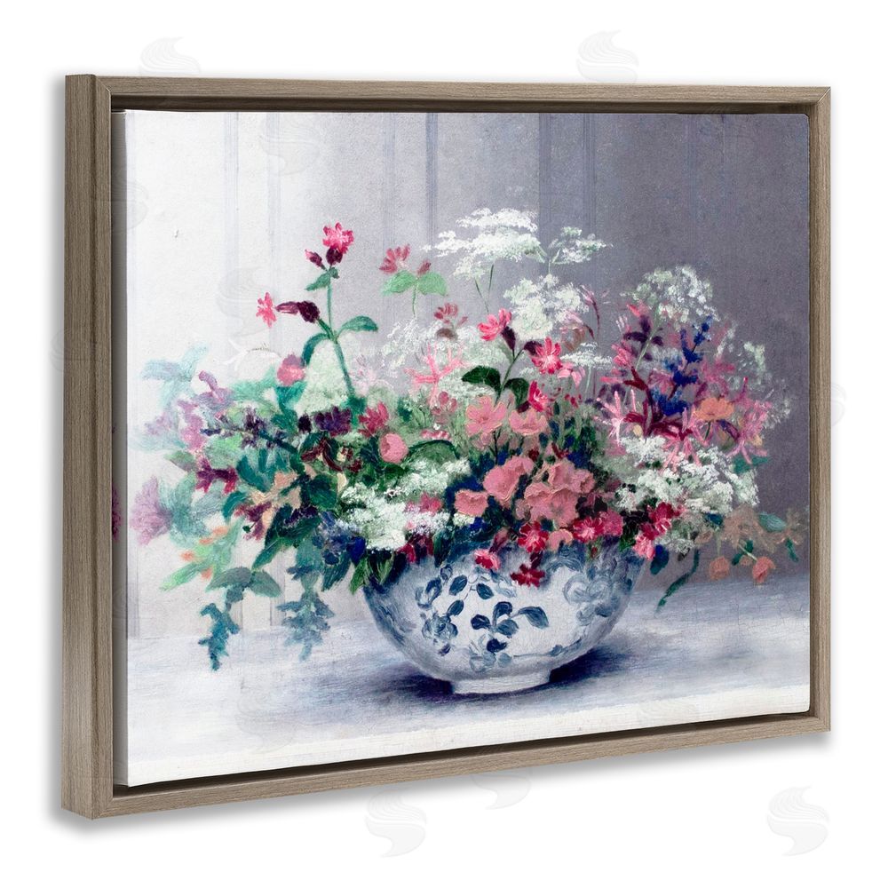 Lettered and Lined Painterly Elegant Blooms Vase Brown Floating Frame Canvas Wall Art Print