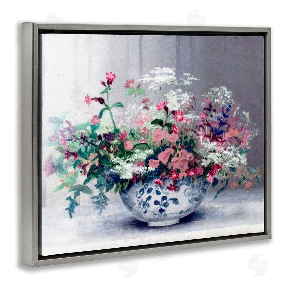 Lettered and Lined Painterly Elegant Blooms Vase Gray Floating Frame Canvas Wall Art Print