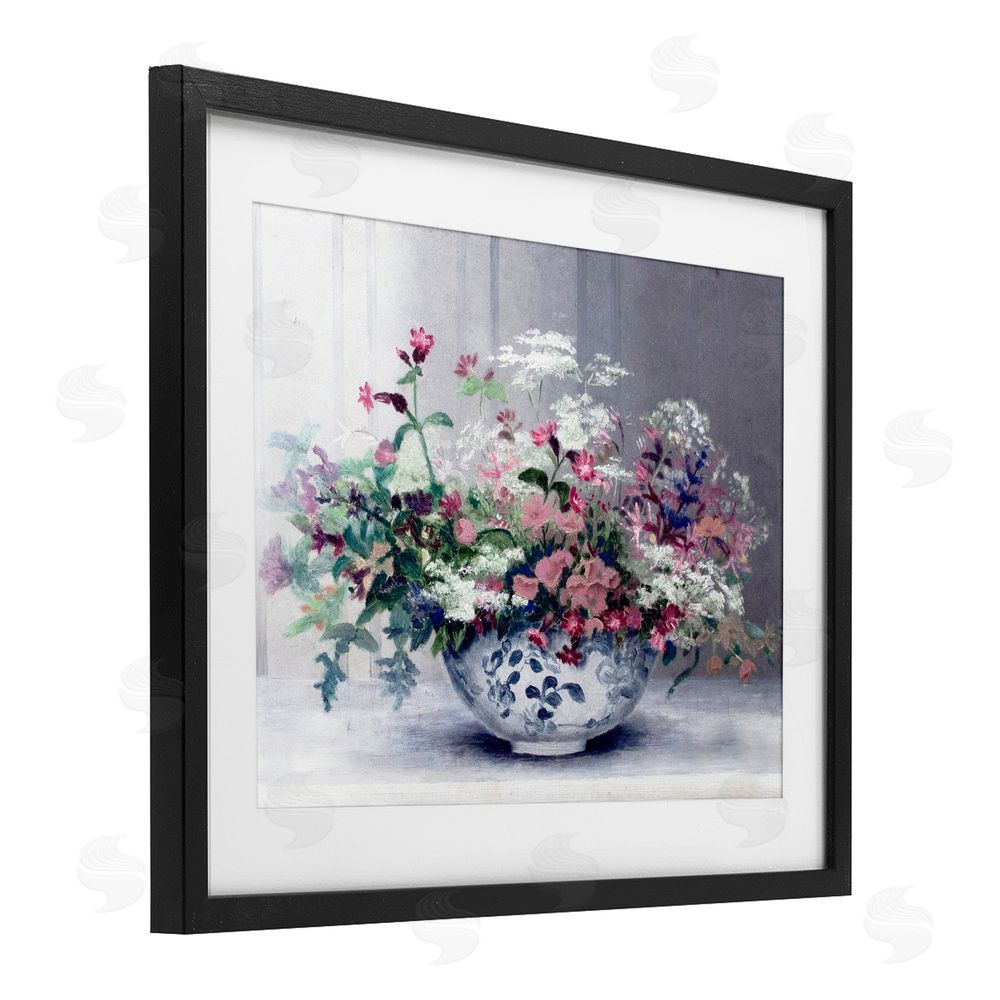 Lettered and Lined Painterly Elegant Blooms Vase Black Framed Print Under Glass Wall Art