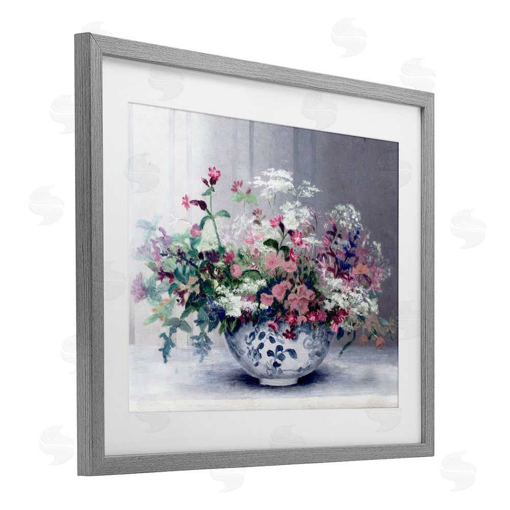 Lettered and Lined Painterly Elegant Blooms Vase Gray Framed Print Under Glass Wall Art