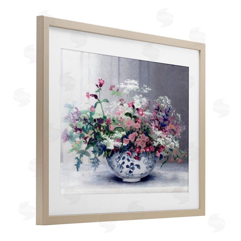Lettered and Lined Painterly Elegant Blooms Vase Brown Framed Print Under Glass Wall Art