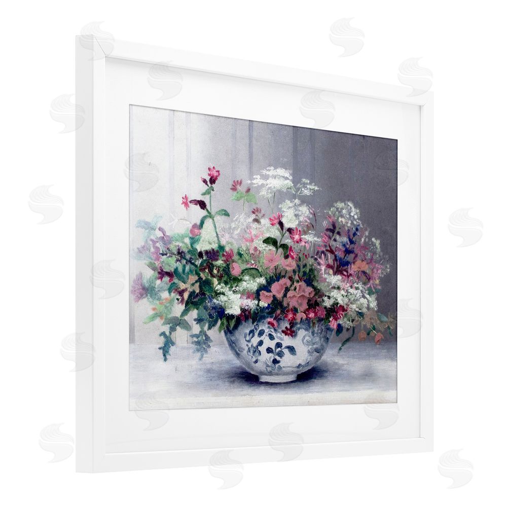 Lettered and Lined Painterly Elegant Blooms Vase White Framed Print Under Glass Wall Art