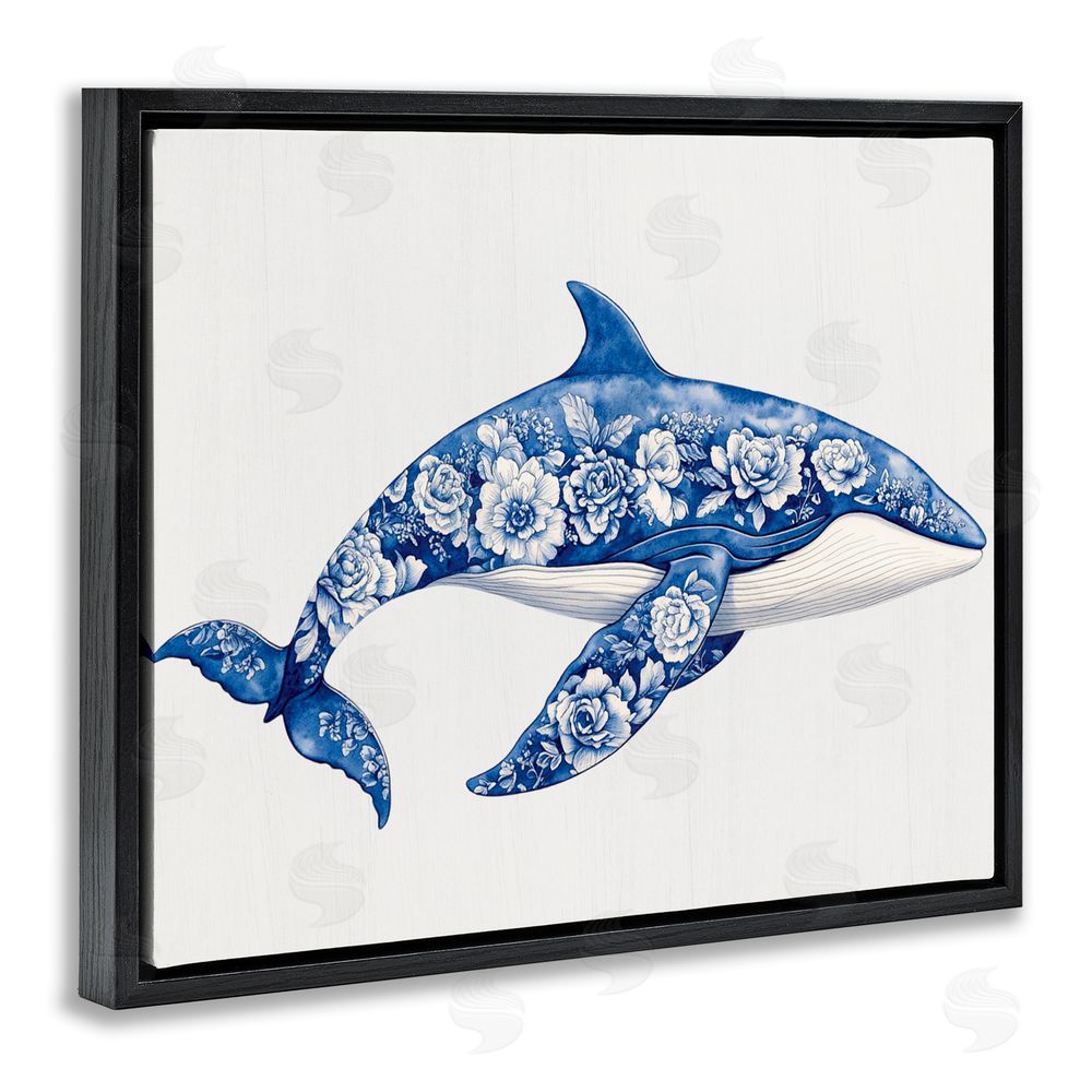 Lettered and Lined Floral Toile Whale Black Floating Frame Canvas Wall Art Print