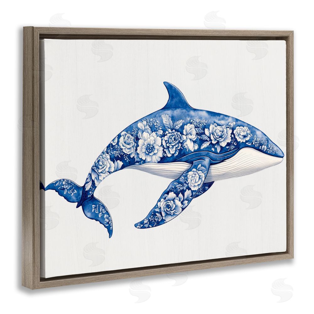 Lettered and Lined Floral Toile Whale Brown Floating Frame Canvas Wall Art Print