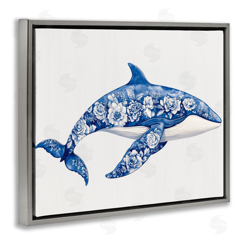 Lettered and Lined Floral Toile Whale Gray Floating Frame Canvas Wall Art Print