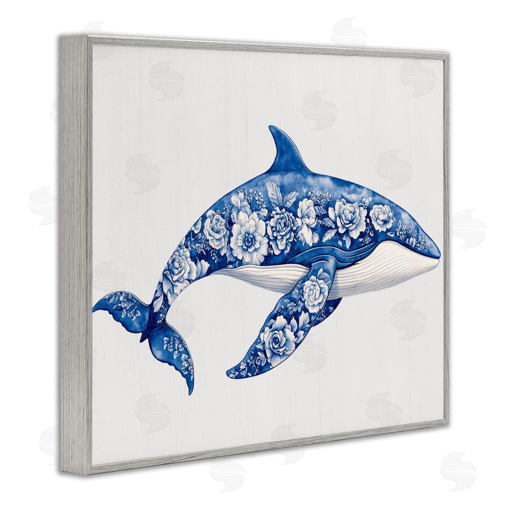 Lettered and Lined Floral Toile Whale Gray Framed Giclee Print Wall Art