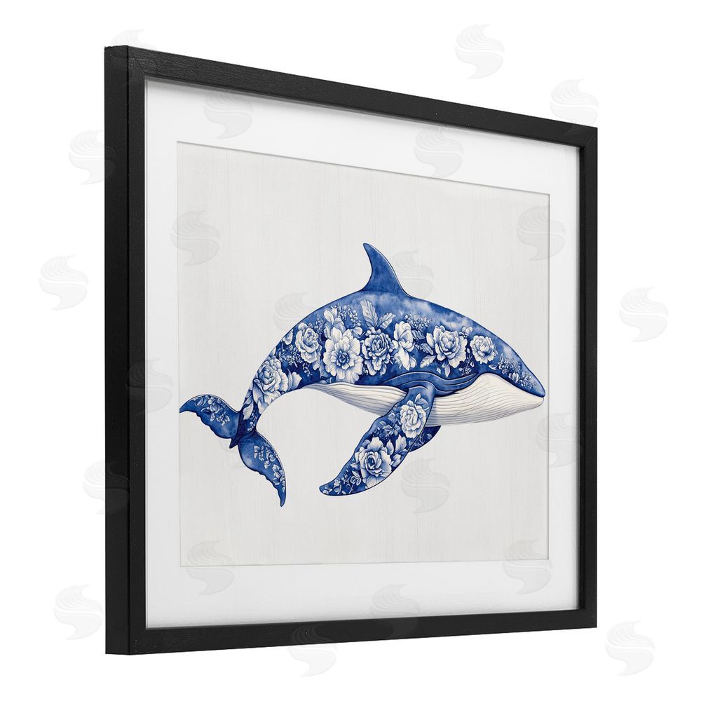 Lettered and Lined Floral Toile Whale Black Framed Print Under Glass Wall Art
