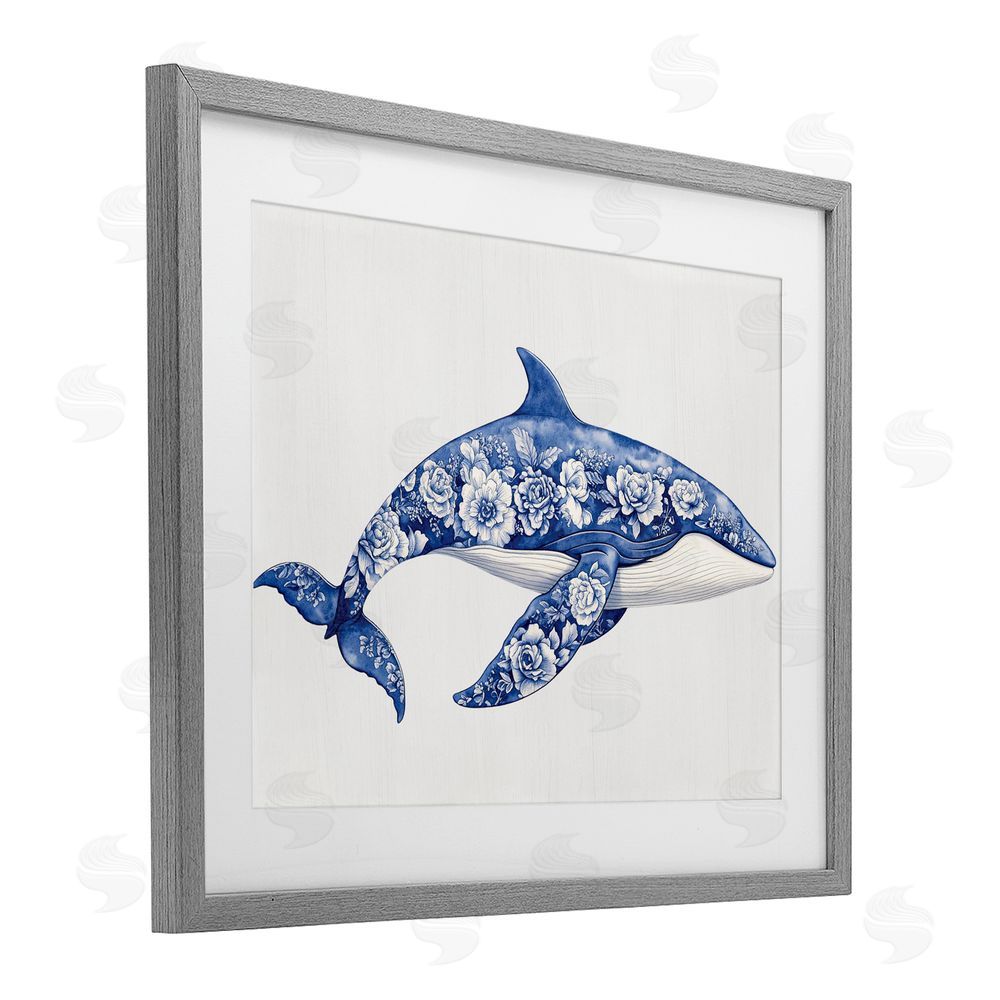 Lettered and Lined Floral Toile Whale Gray Framed Print Under Glass Wall Art