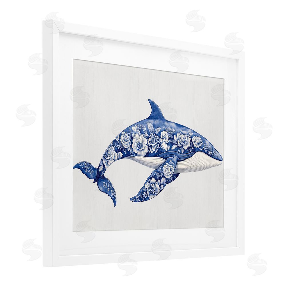 Lettered and Lined Floral Toile Whale White Framed Print Under Glass Wall Art