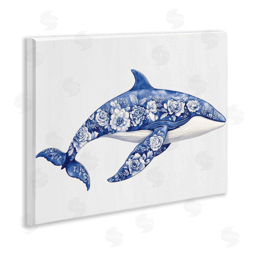 Lettered and Lined Floral Toile Whale Wooden Wall Plaque Art Print