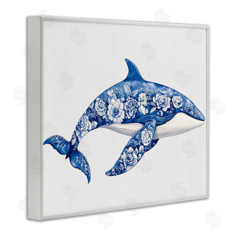 Lettered and Lined Floral Toile Whale White Framed Giclee Print Wall Art