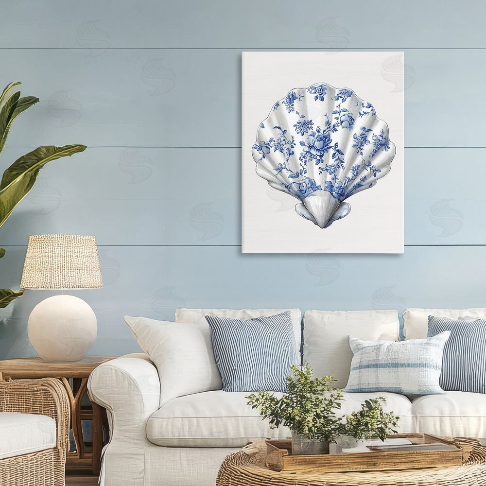 Lettered and Lined Funky Toile Seashell Stretched Canvas Wall Art Print in Room
