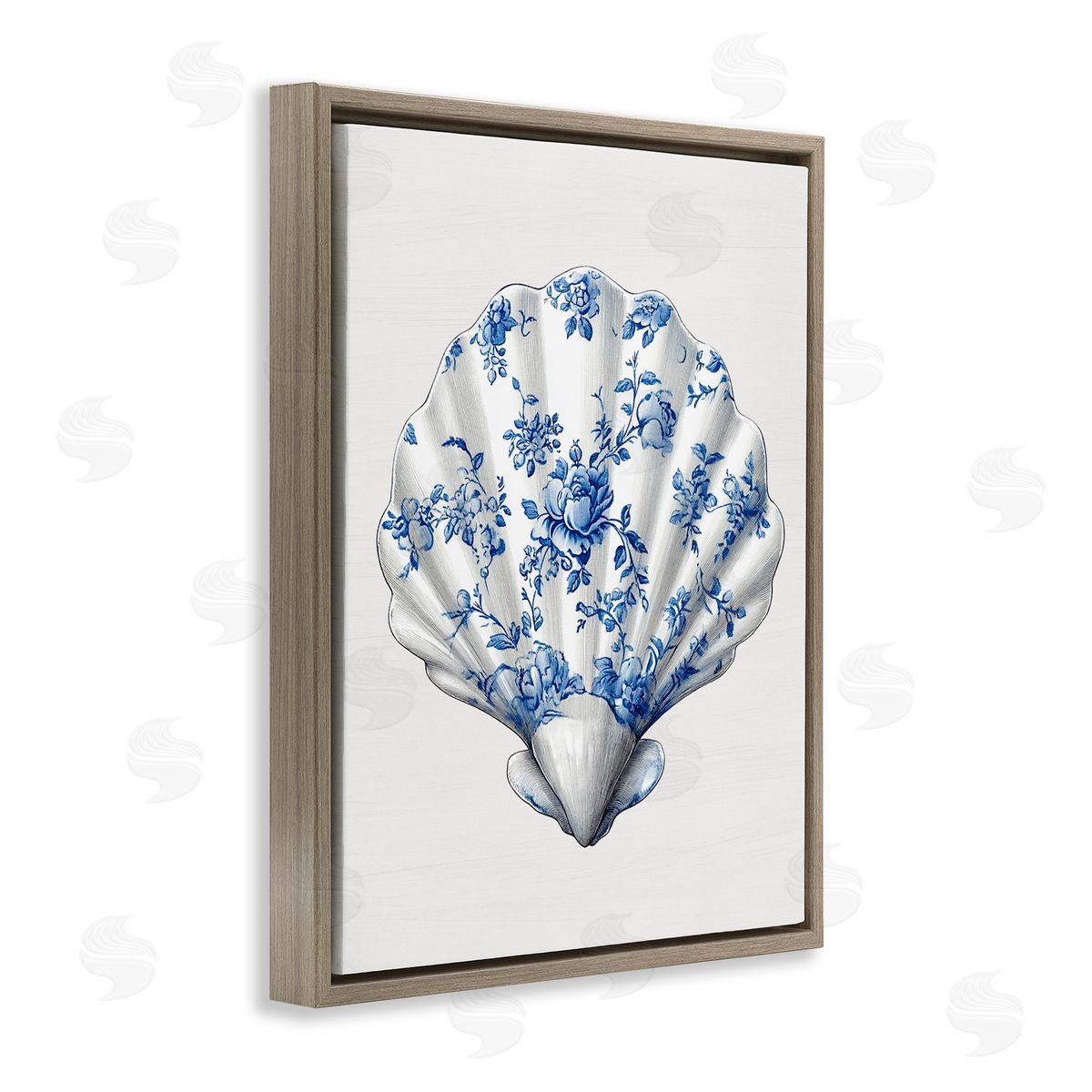 Lettered and Lined Funky Toile Seashell Brown Floating Frame Canvas Wall Art Print