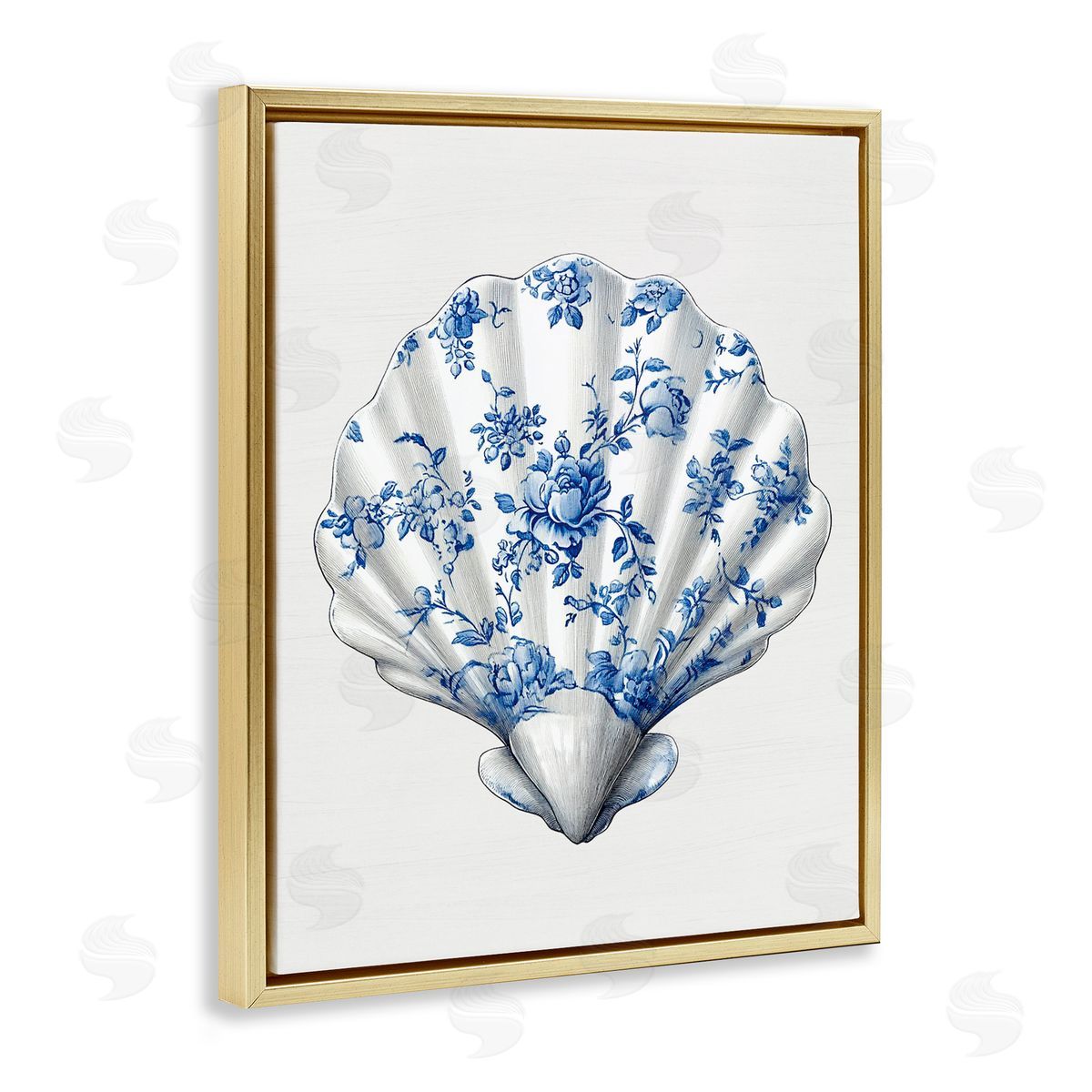 Lettered and Lined Funky Toile Seashell Gold Floating Frame Canvas Wall Art Print