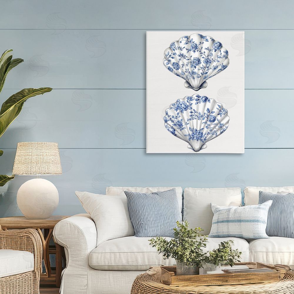 Lettered and Lined Delicate Toile Seashells Stretched Canvas Wall Art Print in Room