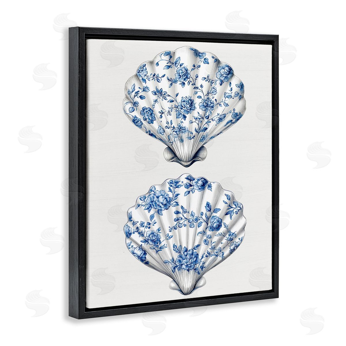 Lettered and Lined Delicate Toile Seashells Black Floating Frame Canvas Wall Art Print