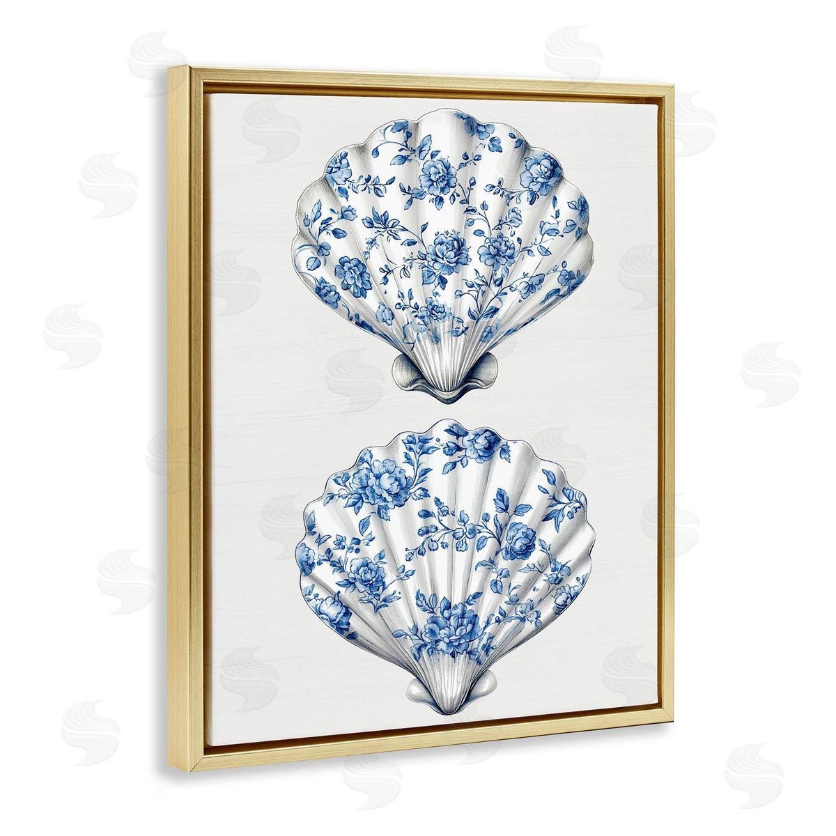 Lettered and Lined Delicate Toile Seashells Gold Floating Frame Canvas Wall Art Print