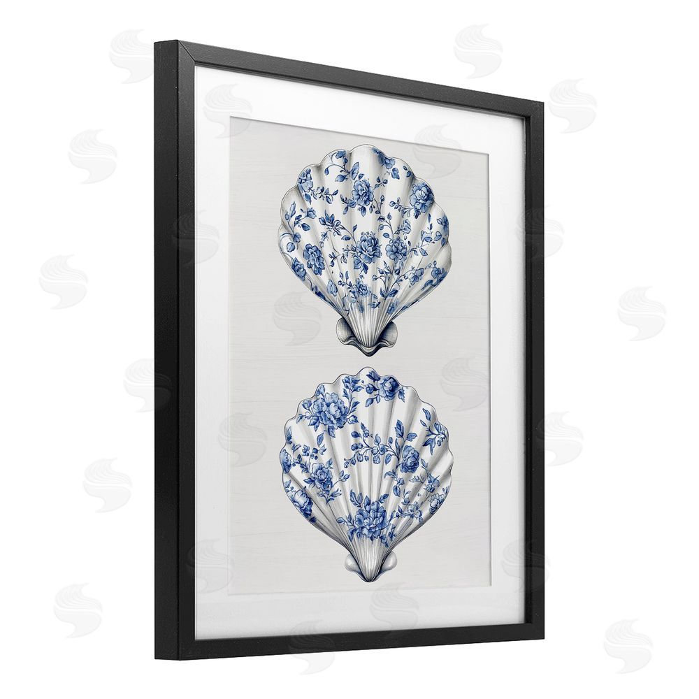 Lettered and Lined Delicate Toile Seashells Black Framed Print Under Glass Wall Art