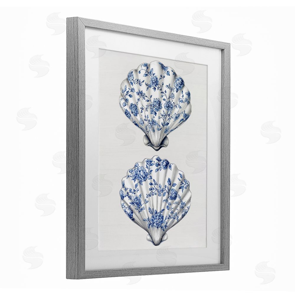 Lettered and Lined Delicate Toile Seashells Gray Framed Print Under Glass Wall Art