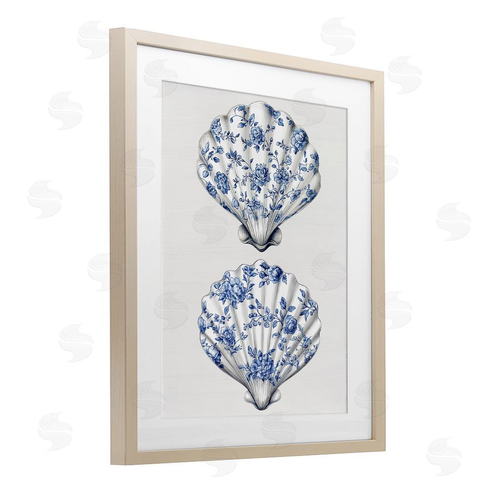 Lettered and Lined Delicate Toile Seashells Brown Framed Print Under Glass Wall Art