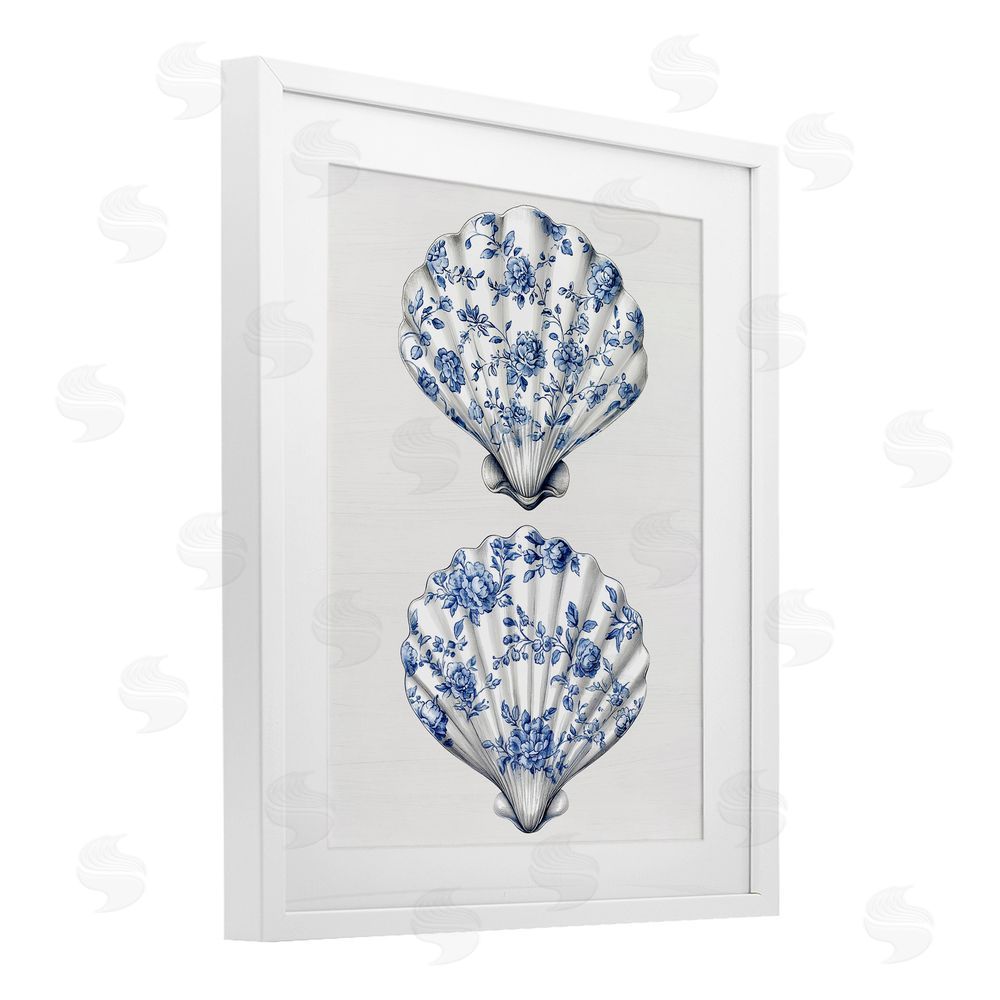 Lettered and Lined Delicate Toile Seashells White Framed Print Under Glass Wall Art