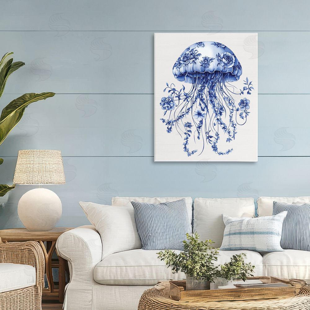 Lettered and Lined Funky Vintage Toile Jellyfish Stretched Canvas Wall Art Print in Room