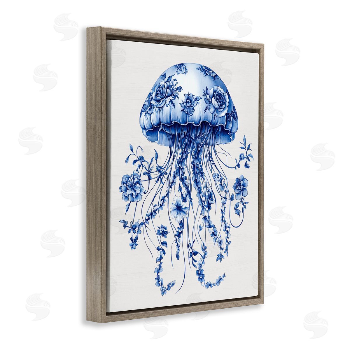 Lettered and Lined Funky Vintage Toile Jellyfish Brown Floating Frame Canvas Wall Art Print