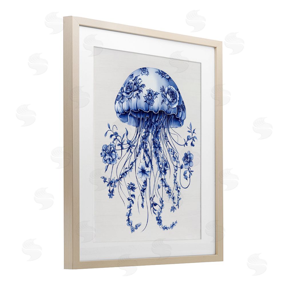 Lettered and Lined Funky Vintage Toile Jellyfish Brown Framed Print Under Glass Wall Art