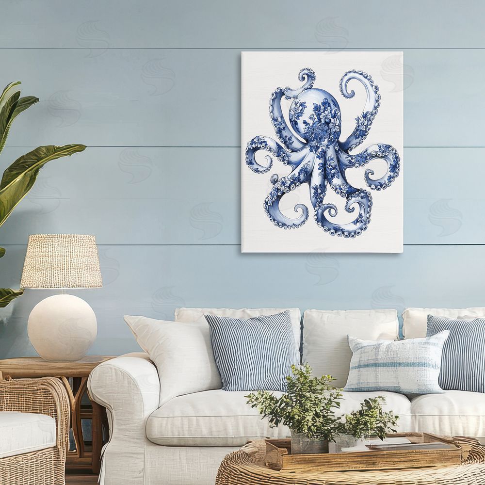 Lettered and Lined Funky Toile Octopus Stretched Canvas Wall Art Print in Room