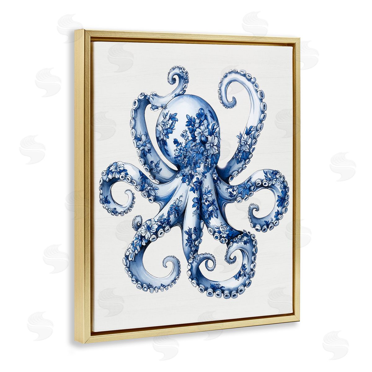 Lettered and Lined Funky Toile Octopus Gold Floating Frame Canvas Wall Art Print