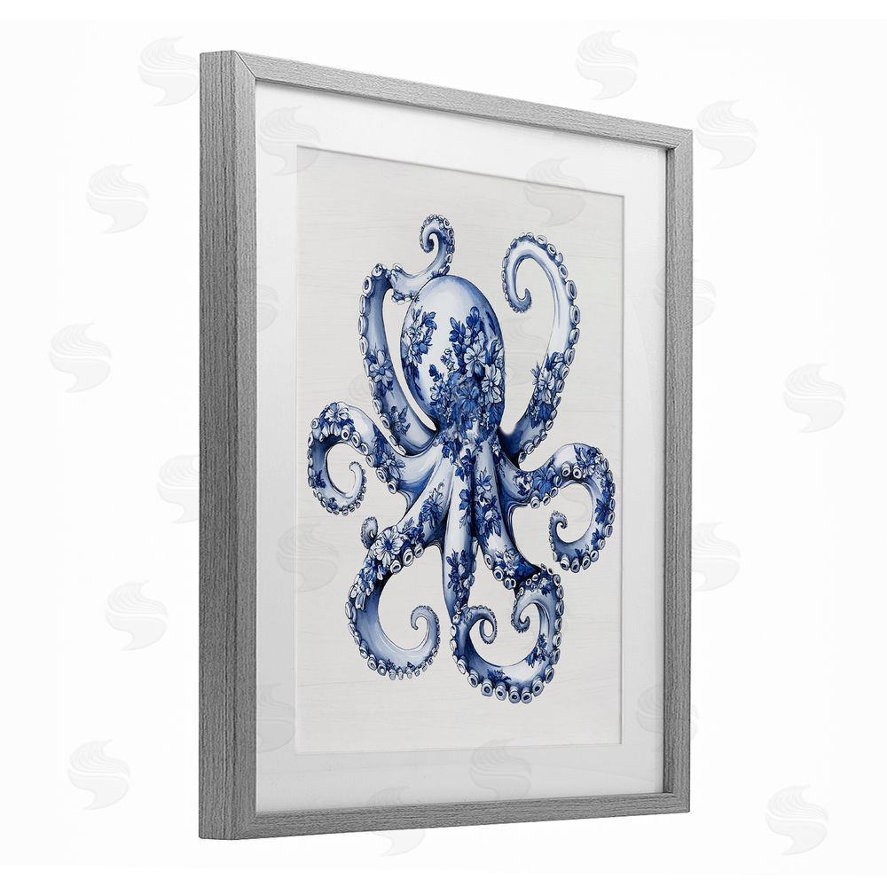 Lettered and Lined Funky Toile Octopus Gray Framed Print Under Glass Wall Art