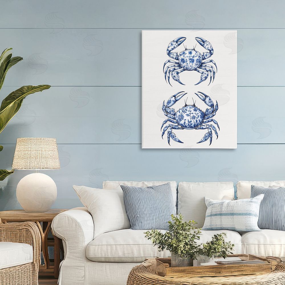 Lettered and Lined Vintage Toile Crabs Stretched Canvas Wall Art Print in Room