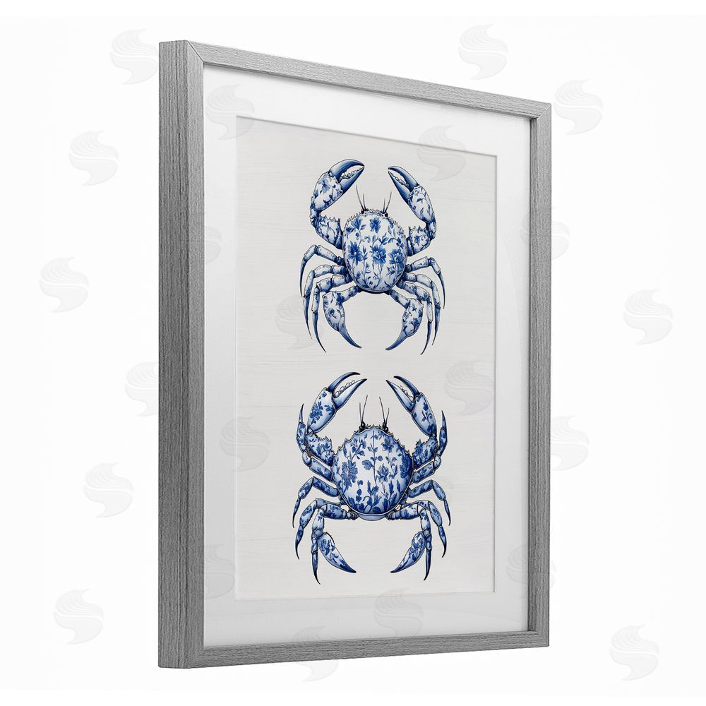 Lettered and Lined Vintage Toile Crabs Gray Framed Print Under Glass Wall Art
