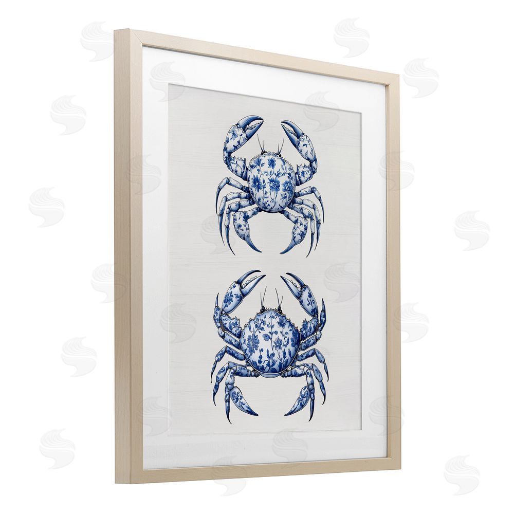Lettered and Lined Vintage Toile Crabs Brown Framed Print Under Glass Wall Art