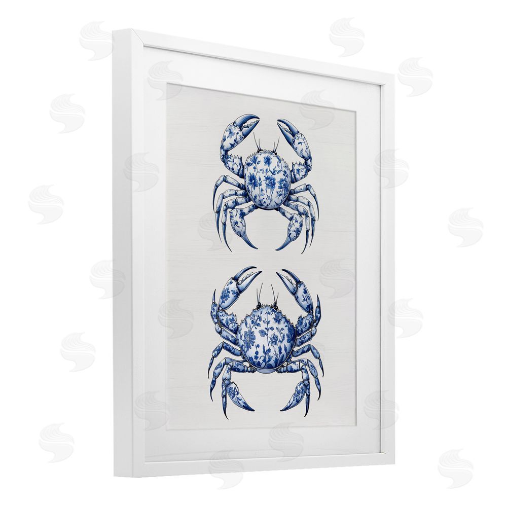 Lettered and Lined Vintage Toile Crabs White Framed Print Under Glass Wall Art