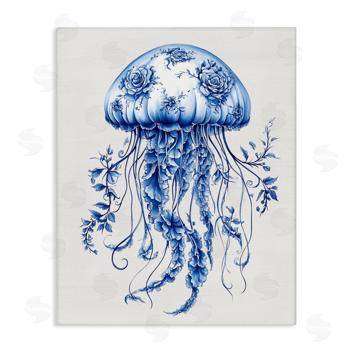 Lettered and Lined Funky Toile Jellyfish Stretched Canvas Wall Art Print