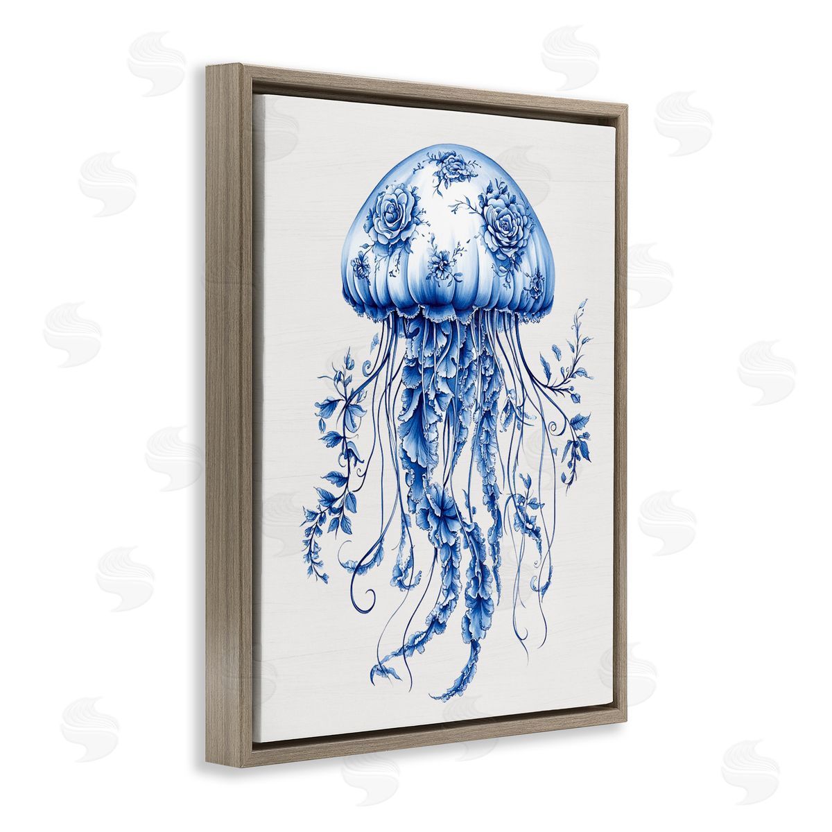 Lettered and Lined Funky Toile Jellyfish Brown Floating Frame Canvas Wall Art Print