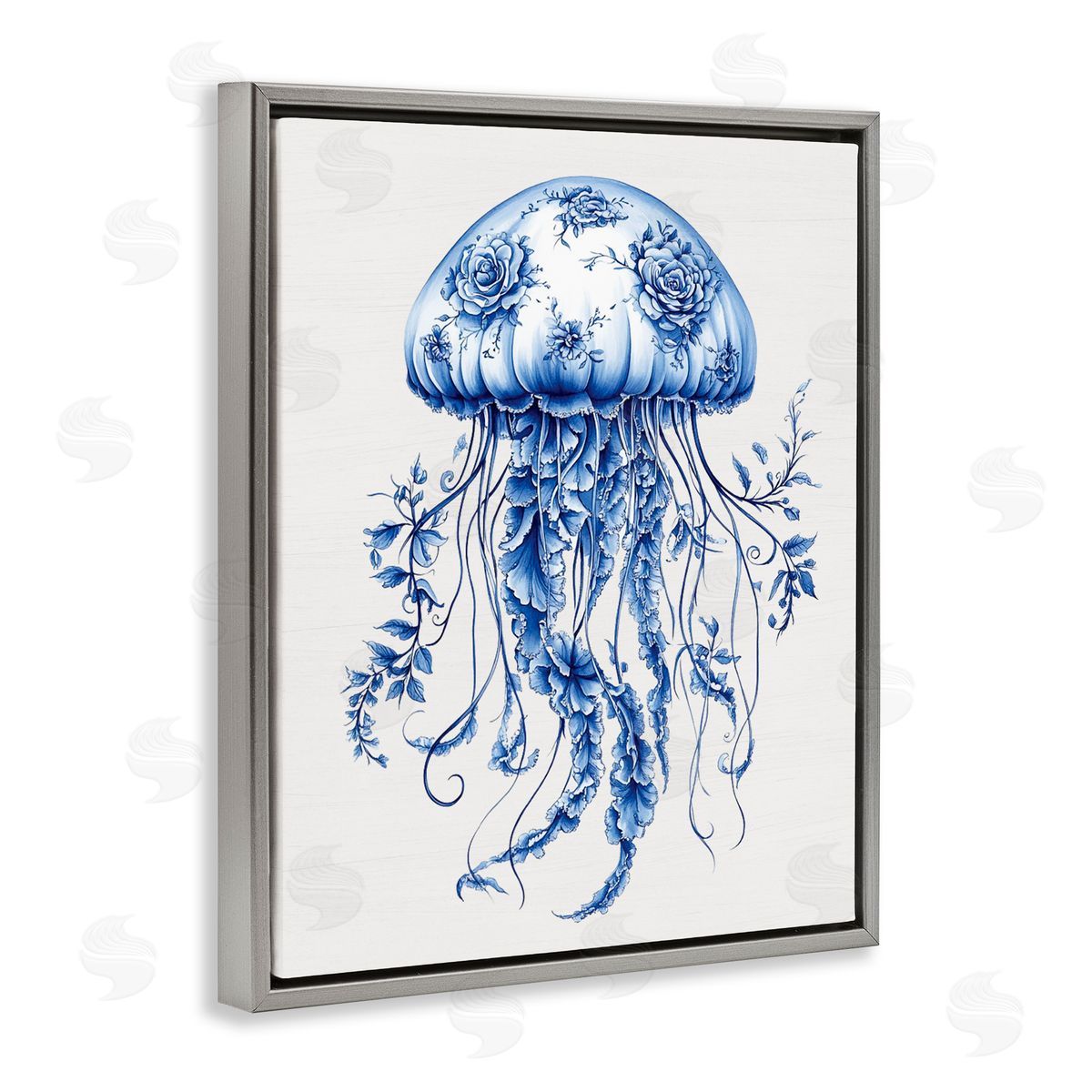 Lettered and Lined Funky Toile Jellyfish Gray Floating Frame Canvas Wall Art Print