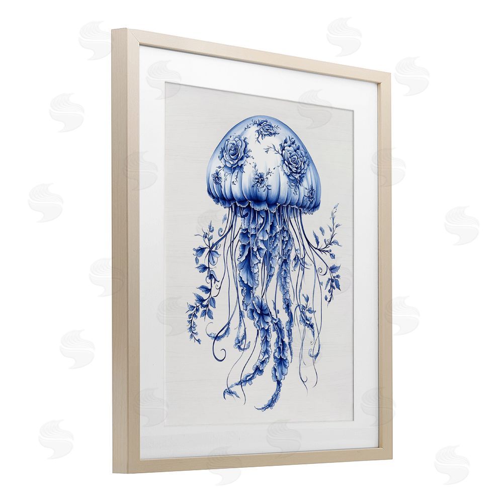 Lettered and Lined Funky Toile Jellyfish Brown Framed Print Under Glass Wall Art