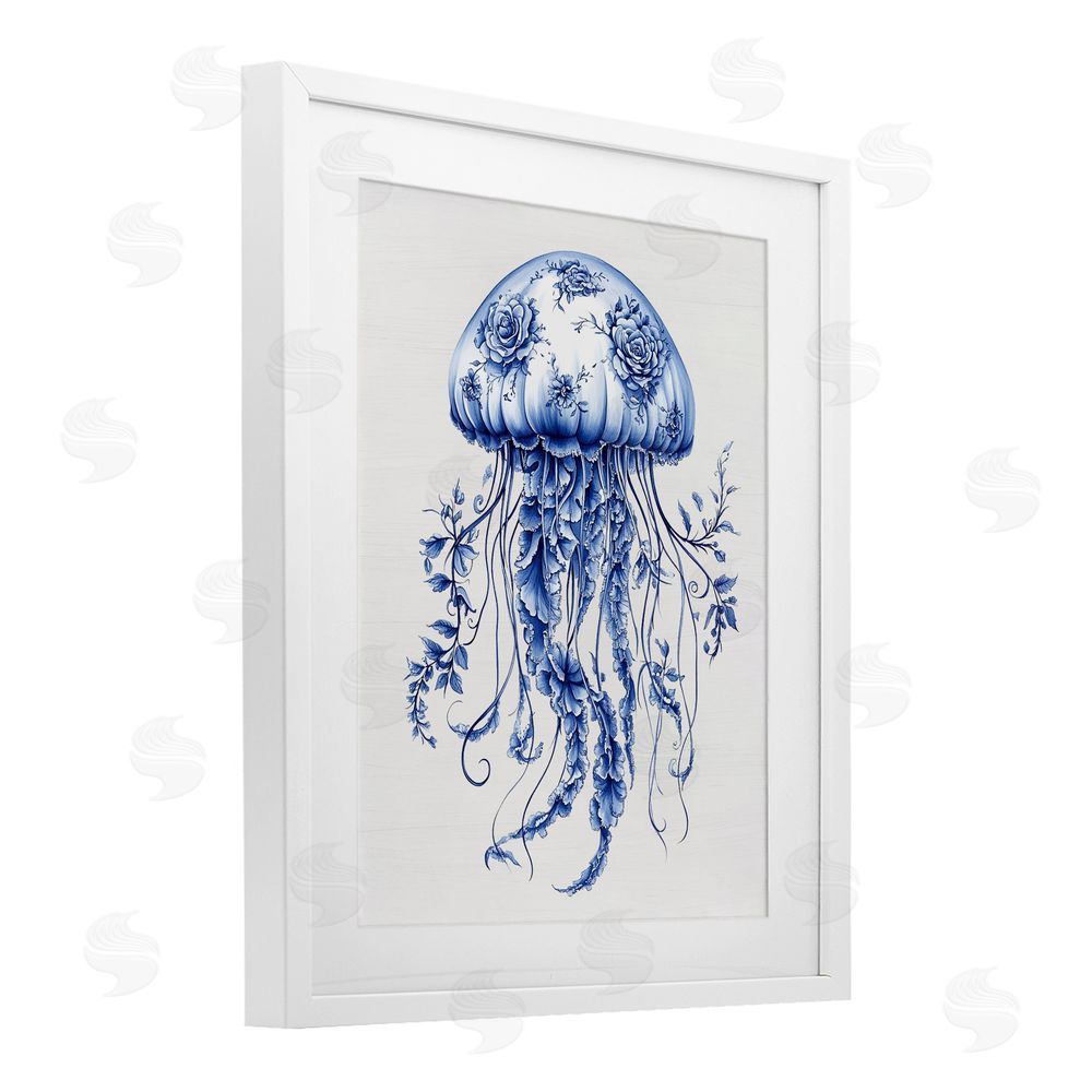 Lettered and Lined Funky Toile Jellyfish White Framed Print Under Glass Wall Art