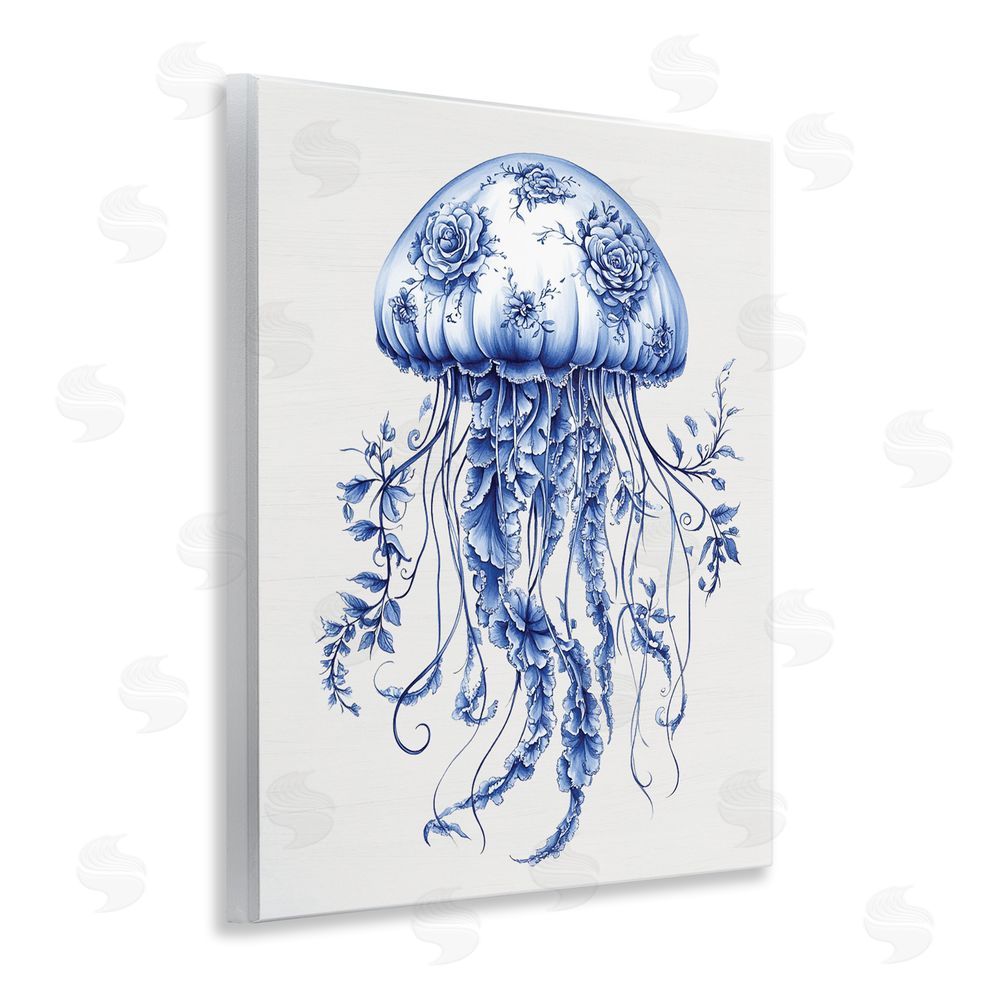 Lettered and Lined Funky Toile Jellyfish Wooden Wall Plaque Art Print