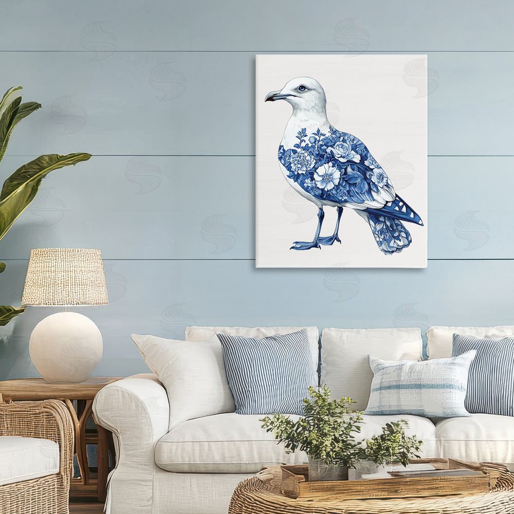 Lettered and Lined Funky Toile Seagull Stretched Canvas Wall Art Print in Room