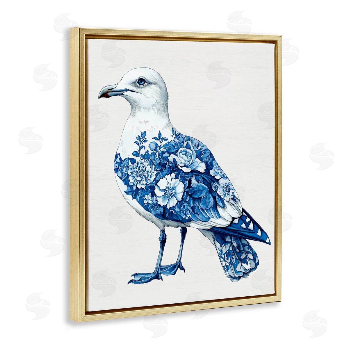 Lettered and Lined Funky Toile Seagull Gold Floating Frame Canvas Wall Art Print