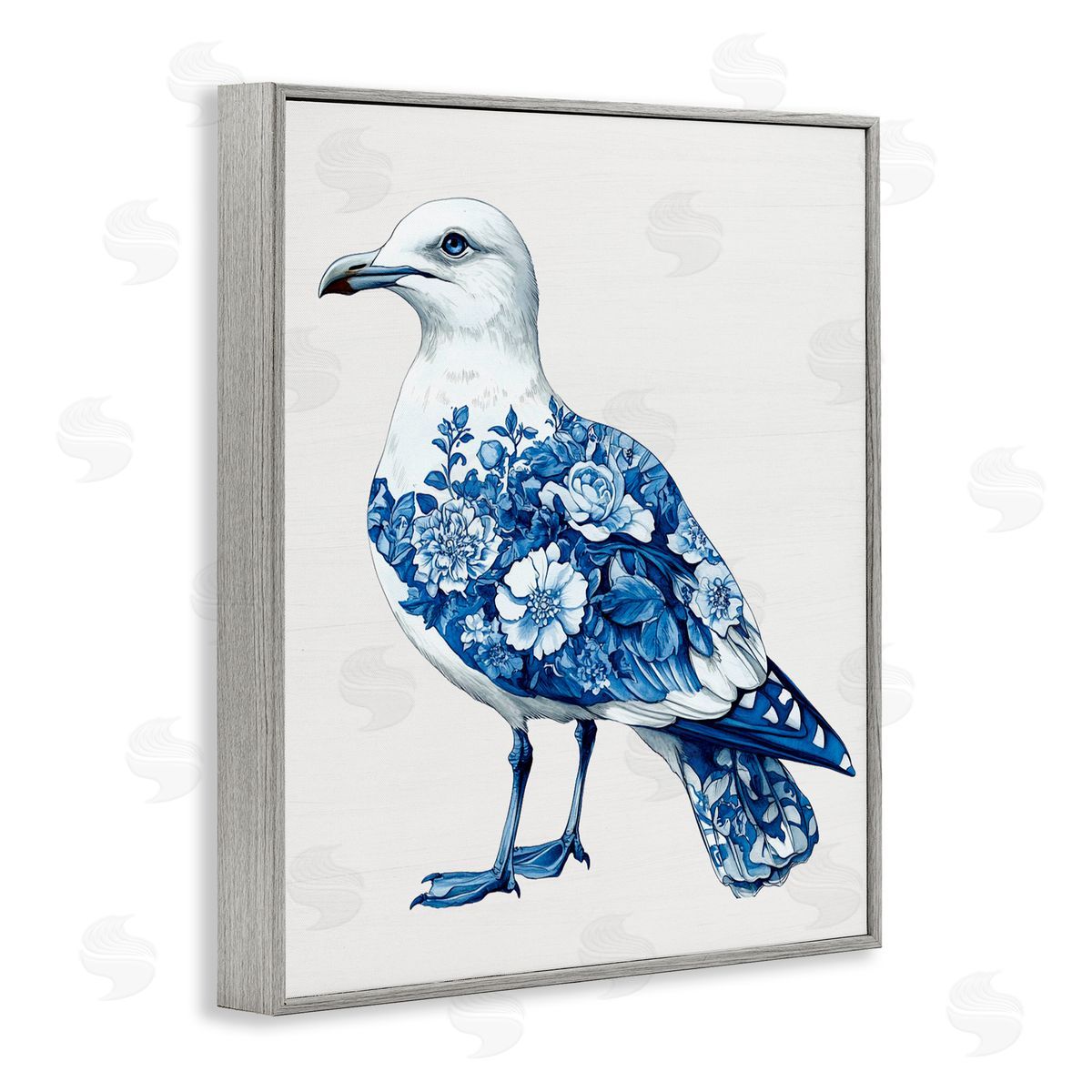 Lettered and Lined Funky Toile Seagull Gray Framed Giclee Print Wall Art