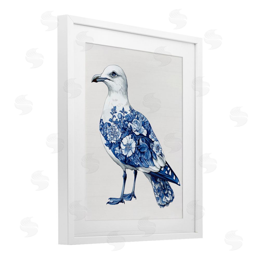 Lettered and Lined Funky Toile Seagull White Framed Print Under Glass Wall Art