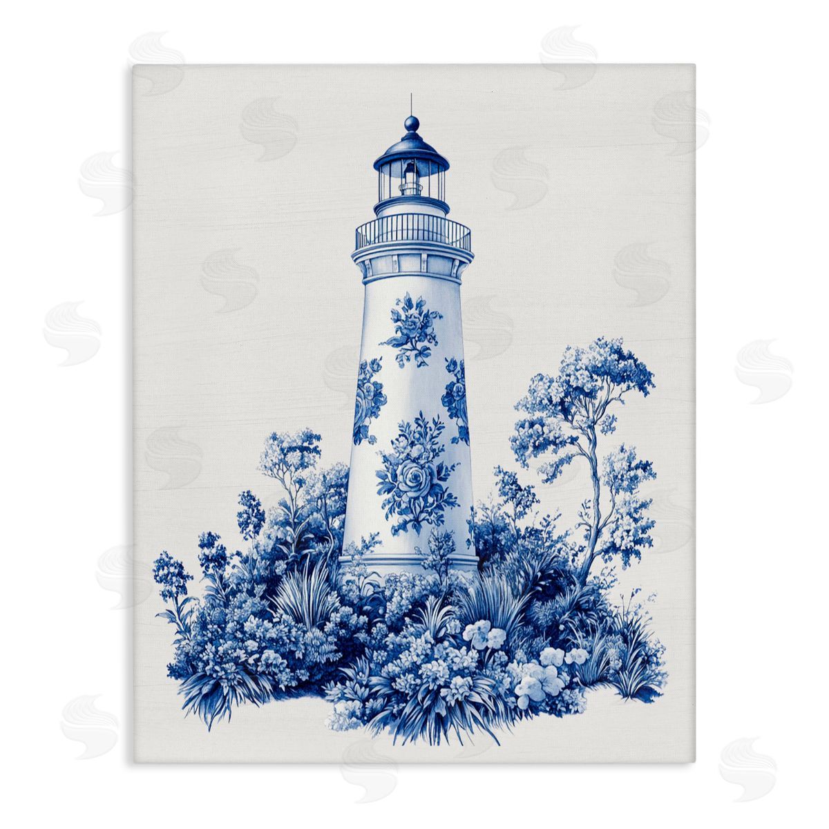 Lettered and Lined Toile Patterned Lighthouse Stretched Canvas Wall Art Print