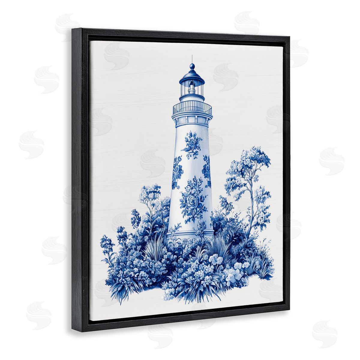 Lettered and Lined Toile Patterned Lighthouse Black Floating Frame Canvas Wall Art Print