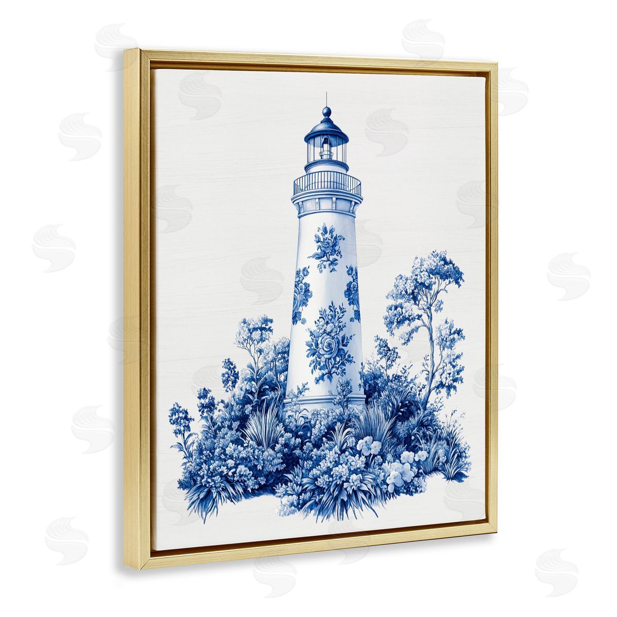 Lettered and Lined Toile Patterned Lighthouse Gold Floating Frame Canvas Wall Art Print